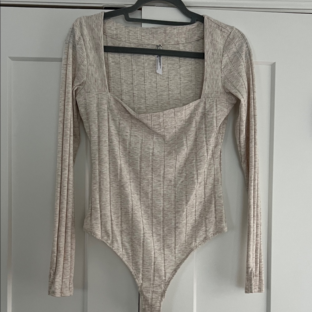 Free People Beige Ribbed Square Neck Bodysuit